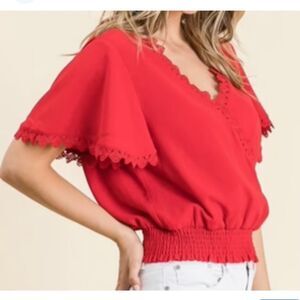 NWT Victoria Leland Red Smocked Waist  Blouse Size Small